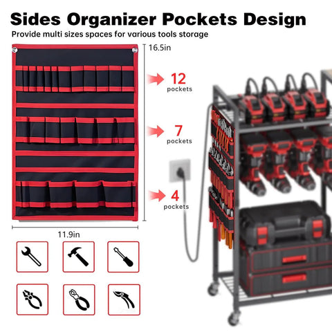 Heavy Duty Power Tool Organizer Cart With Charging Station On Wheels 8 Outlets And 8 Slots Cordless Drill Holder With Drawers Rolling Garage Organizer For Men Powerful Mobile Workshop Storage Solution with side organizer pockets design for tool storage.