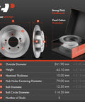 Rear Drilled And Slotted Disc Brake Rotors And Ceramic Pads Kit And Wheel Bearing Hub Assembly For Hyundai Elantra Coupe GT Veloster Kia Forte Forte5 Forte Koup 8 Piece Set in packaging showing specifications.