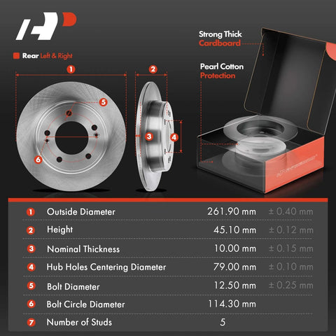 Rear Drilled And Slotted Disc Brake Rotors And Ceramic Pads Kit And Wheel Bearing Hub Assembly For Hyundai Elantra Coupe GT Veloster Kia Forte Forte5 Forte Koup 8 Piece Set in packaging showing specifications.