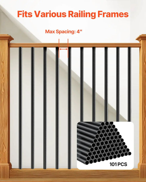 Image of 101 Pack 26 Inch Aluminum Deck Balusters For Stairs And Porch In Black Three Quarter Inch Round Hollow Spindles Metal Railing.