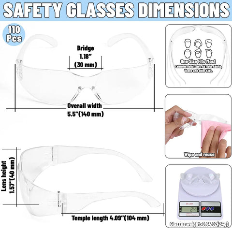 Massive 110 Pair Bulk Kit Of Clear Safety Glasses For Men And Women Featuring Hella Reliable Impact Blocking Shields That Meet Ansi Z87 One Standards For No Sweat Heavy Duty Workplace Eye Protection dimensions and features