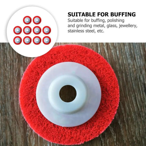 Close-up of a Nylon Grinding Wheels Set for Power Grinders, Pro Grade Polishing Discs with red abrasive material for metalwork.
