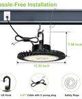 Beefy 300W UFO LED High Bay Light For Warehouses, 39,000 Lumens, displaying installation setup with 5 ft cable and US plug