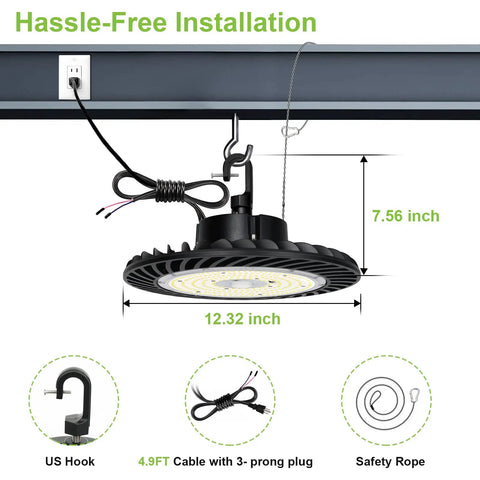 Beefy 300W UFO LED High Bay Light For Warehouses, 39,000 Lumens, displaying installation setup with 5 ft cable and US plug