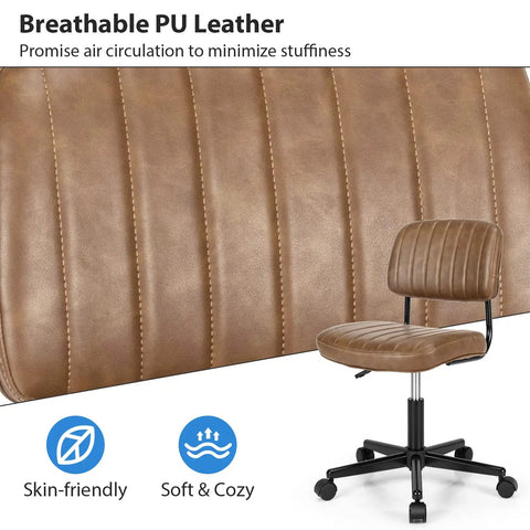 Slick Armless Desk Chair With Easy Glide Wheels, Top Tier PU Leather Task Seat Featuring Low Back Cushioning And Hella Smooth Height Adjustment For Rock Solid Rolling Home Office Setup For Teens And Adults