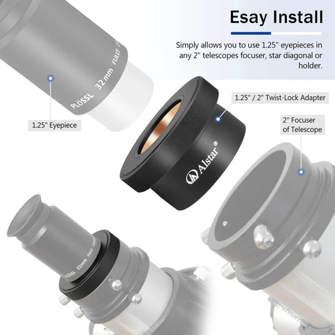 2 Inch To 1.25 Inch Twist Lock Telescope Adapter For Eyepieces - Convert 1.25 Inch Eyepieces To A 2 Inch Focuser With Self Centering Aluminum And Precision Positive Lock For High Power Viewing installation diagram