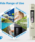 Digital TDS Water Quality Tester with three-button controls beside usage examples in aquariums, pools, hydroponics, and more