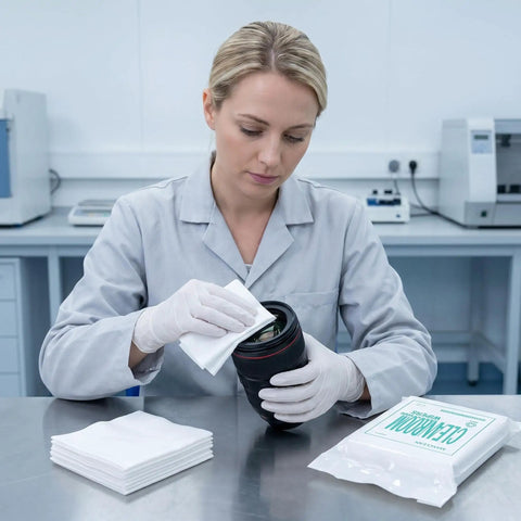 Top Shelf Pro Microfiber Cleanroom Wipers Slick Streak Free Dustless Cloth For Camera Optics Gadgets And Precision Equipment Lint Free Tight Sealed Pack being used to clean a camera lens.