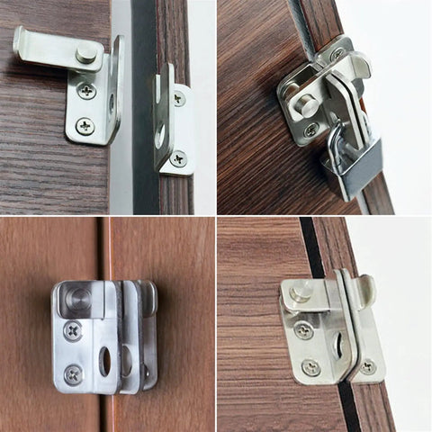 SSWKTCRPZ Stainless Steel Sliding Bolt Lock Door Latch Gate Drawer Hardware, close-up of latches on wood surfaces.