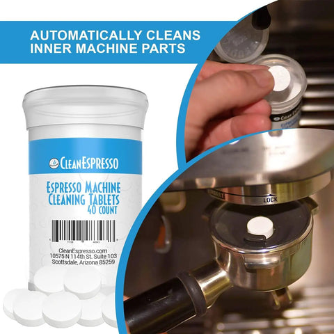 Espresso Machine Cleaning Kit For Breville With 40 Two Gram Cleaning Tablets shown in packaging and in espresso machine.