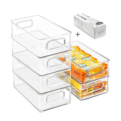 Stackable Fridge Organizer Bins Set Of 6 Clear Kitchen Storage Bins With Easy Grip Handles Includes 20 Plastic Bags For Pantry Cabinets Shelves Drawers And Freezer Food Safe BPA Free 10 Inch Long