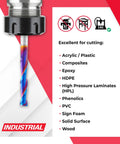 Heavy Duty Up Cut Solid Carbide Spiral Router Bit For 2D And 3D Carving, 3 Inch Length, 1/4 Inch Shank, Flat Bottom, 2 Flute, 0.10 Degree Angle, Spektra Coated CNC Bit Made In USA For Acrylic Plastic And Composite with cutting surfaces shown