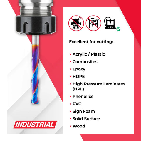 Heavy Duty Up Cut Solid Carbide Spiral Router Bit For 2D And 3D Carving, 3 Inch Length, 1/4 Inch Shank, Flat Bottom, 2 Flute, 0.10 Degree Angle, Spektra Coated CNC Bit Made In USA For Acrylic Plastic And Composite with cutting surfaces shown