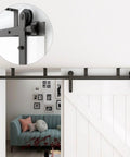 7ft Ceiling Mount Sliding Barn Door Hardware Kit For 42 Inch Wide Wooden Door, I Shape Hangers, installed in living room