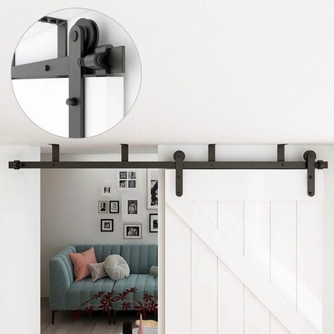 7ft Ceiling Mount Sliding Barn Door Hardware Kit For 42 Inch Wide Wooden Door, I Shape Hangers, installed in living room