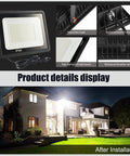 Four Pack 150W LED Flood Lights Outdoor With US Plug Beast Bright 15500 Lumen illuminating house exterior at night