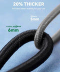 Close-up of 6mm and 5mm bungee cords showing thickness in Beefy Heavy Duty Car Cover Clips Kit With Spiral Thumb Screws And Teethed Mouth.