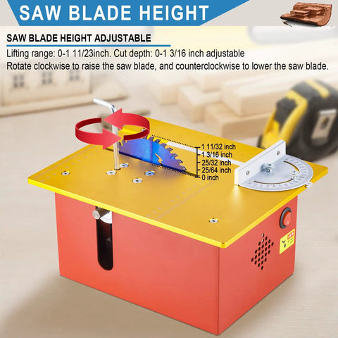 Compact 360W Table Saw For Hobby Woodworking With Adjustable Blade Height 0 To 1.34 Inches Push Table Included