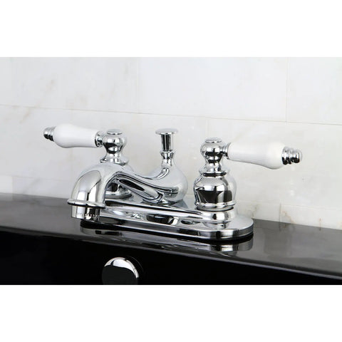 4 Inch Centerset Lavatory Faucet With Drip Free Washerless Cartridge, Polished Chrome Finish, Installed on Black Counter
