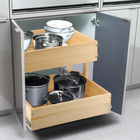 Premium Two Tier Pull Out Cabinet Organizer Featuring Ball Bearings And Smooth Glide Slide Out Drawer For No Sweat Assembly Tons Of Room Under Counter Kitchen Pantry Storage Solution Fits 17 Wide with pots and bowls.