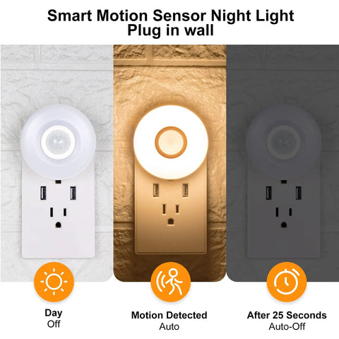 Motion Activated Plug In Night Light With Warm White LED 200 Lumen Ultra Bright Wall Nightlight Auto On Auto Off Sensor