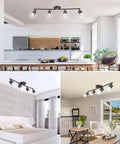 Matte Black 4 Light Track Lighting Kit With Adjustable Heads Ceiling Spotlight Fixture in kitchen, bedroom, and living room settings.