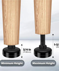16 Piece Adjustable Furniture Leveling Feet Set showcasing height adjustment from 3/4 inch to 1-3/4 inch with black metal leg levelers