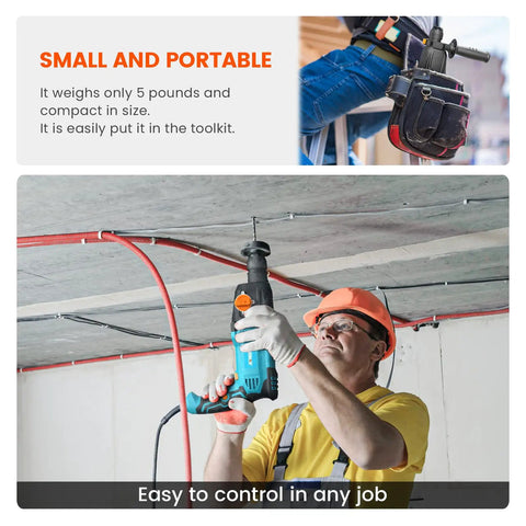 Man using One Inch SDS Plus Rotary Hammer Drill With Safety Clutch 7 Amp Corded for overhead concrete drilling.