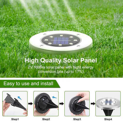 8 Pack Solar Ground Lights With 8 LED Upgraded Outdoor Garden Landscape Lighting For Lawn Pathway Yard Deck Patio Walkway White Weatherproof Aluminum Alloy Durable And Waterproof shown on grass with installation steps.