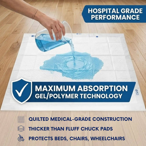 Pouring liquid onto Heavy Duty Disposable Bed Pads 40X59 Inches Extra Large Underpads For Adults Bariatric Incontinence.