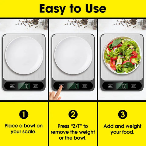 Digital Kitchen Scale 10kg 22lb With Tare And 1g Resolution, showing usage steps with bowl and salad, stainless steel surface