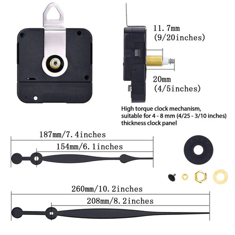 Quartz Clock Movement Replacement Kit With Long Hands And Spade Hanger 208mm 8.2 Inch For Thick Dials 4 To 8mm, High Torque Mechanism, Easy DIY Install, No Fuss Timekeeping Upgrade