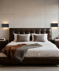 Modern Wood LED Linear Wall Sconce, Mini Up Down Wall Mount Light,Hardwired,UL Listed,Wood Wall Lighting Fixture for Bedroom, Living Room,Stairway, Hallway, (Black) 2 Pack installed above a bed in a stylish bedroom.