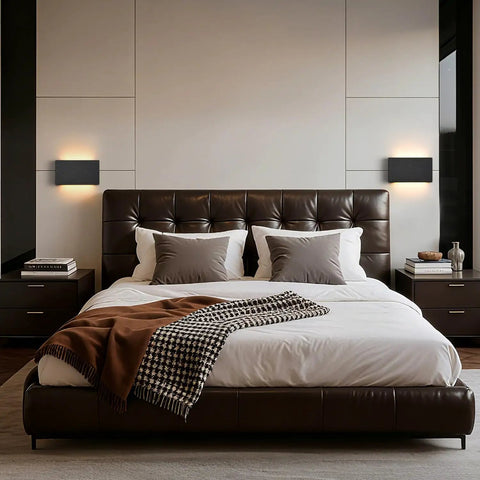 Modern Wood LED Linear Wall Sconce, Mini Up Down Wall Mount Light,Hardwired,UL Listed,Wood Wall Lighting Fixture for Bedroom, Living Room,Stairway, Hallway, (Black) 2 Pack installed above a bed in a stylish bedroom.