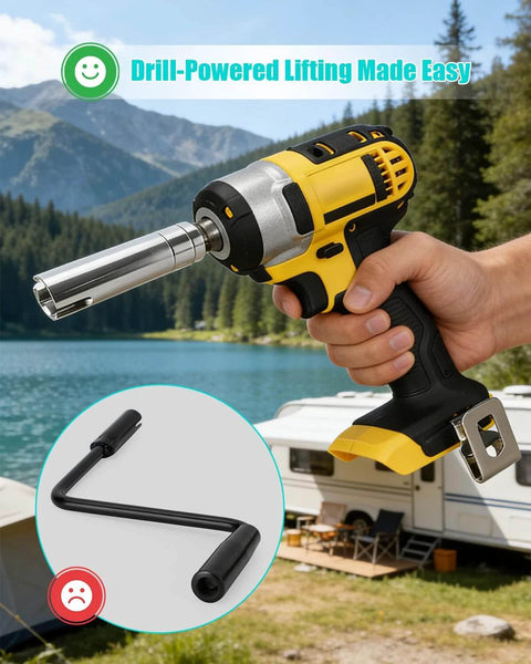 Hand using Crank Handle Adapter For Coleman Fleetwood Pop Up Campers With Three Eighth Inch Socket Drill Attachment by camper