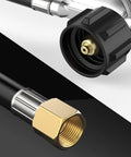 Close-up of Universal QCC1 Low Pressure Propane Regulator With 12 Foot Hose For Most LP Gas Grills Patio Heaters And Fire Pit Tables Three Eighth Inch Female Flare Nut Replacement featuring brass connectors and black hose.
