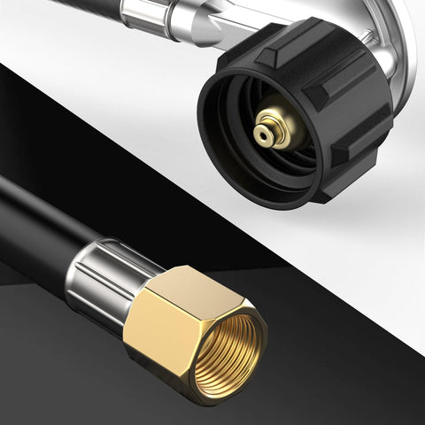 Close-up of Universal QCC1 Low Pressure Propane Regulator With 12 Foot Hose For Most LP Gas Grills Patio Heaters And Fire Pit Tables Three Eighth Inch Female Flare Nut Replacement featuring brass connectors and black hose.