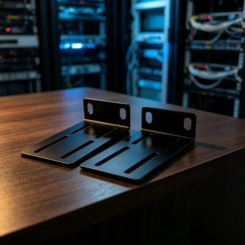 Rock Solid 1U Adjustable Rack Mount Pair For 19 Inch Server Cabinets Heavy Duty Steel Brackets with slotted ears on wooden table.
