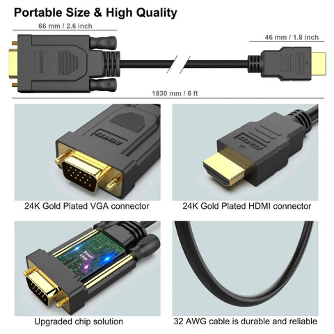 HDMI To VGA Cable 6 Feet Unidirectional Male To Male For Computer Desktop Laptop To VGA Monitor Projector HDTV Roku Xbox