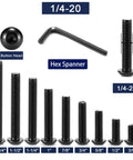 Top Shelf 1 4 20 X 3 8 Button Head Socket Cap Bolts 304 Stainless Steel 18 8 Black Oxide 20 Pack With Hex Driver showing various sizes and hex spanner.