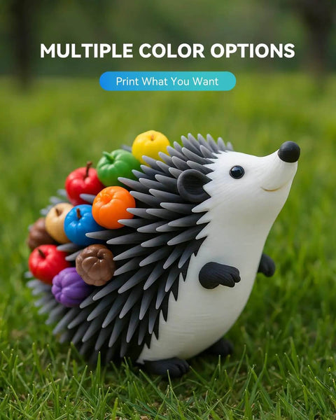 Colorful hedgehog toy on grass showcasing multiple color options for Turbocharged PLA Plus 2.0 Filament 1.75mm Black Two 1kg Spools