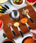 16 Piece Measuring Cups And Magnetic Spoons Set In Stainless Steel With 8 Nesting Cups And 7 Double Sided Magnetic Spoons on countertop.