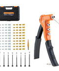 Pro Get 9 Inch One Handed Rivet Nut Tool Kit With 8 Mandrels And Step Drill Bit Plus 80 Nuts For Metric And Sae Bolt Jobs Great DIY Car Repair Hack With Tote Case, orange tool and case