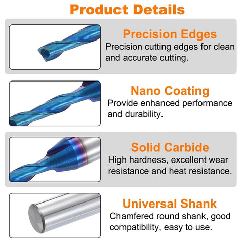 HARFINGTON spiral router bit product details infographic: blue-coated solid carbide cutter with universal shank.