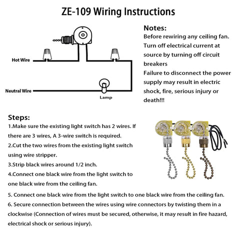 Zing Ear ZE 109 Two Wire Pull Chain Ceiling Fan Light Switch Replacement wiring instructions diagram