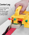 Grr-Ripper GR-100 3D Table Saw Pushblock with Kickback-Proof Grip in use, cutting small wood piece, Center Leg adjustment shown