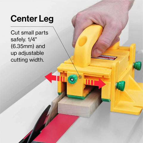 Grr-Ripper GR-100 3D Table Saw Pushblock with Kickback-Proof Grip in use, cutting small wood piece, Center Leg adjustment shown