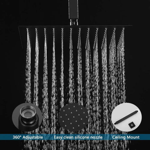 Slick Ceiling Mount Rain Shower System With Matte Black Finish To Level Up Your Home Setup Featuring Serious Water Pressure Solid Brass Mixing Valve And Quick Wipe Silicone Nozzles For No Sweat Maintenance With Complete Rough In Valve