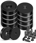 Front view of black neodymium cup magnets with countersunk holes, 70 lb pull, 10-pack with screws