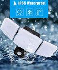 Plug In Outdoor Flood Light With Motion Sensor And Remote Control, showing IP65 waterproof feature over splashing water